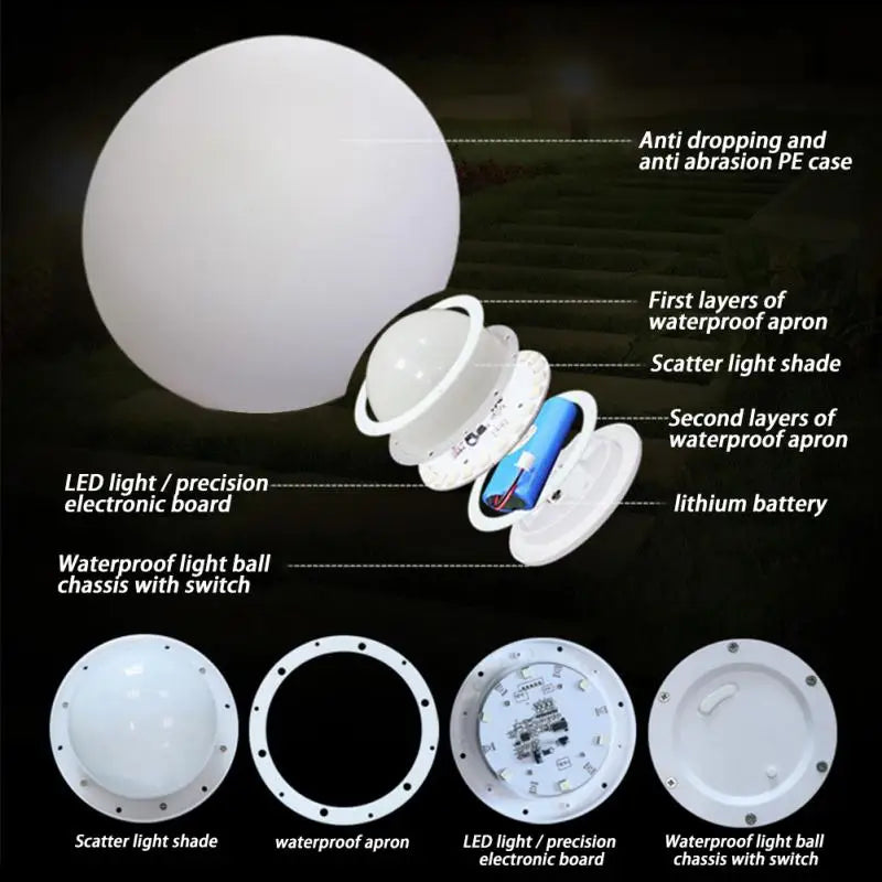 Outdoor Garden LED Ball Lights Landscape Lawn Street Lamps Waterproof 16 Colors Changebale Rechargebale Anti-drop PE Material