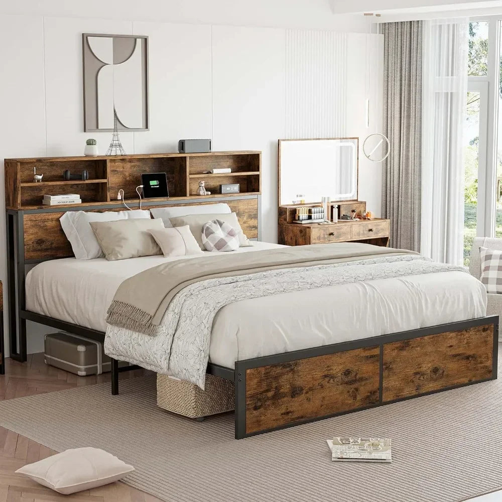 Queen Bed Frame with Tall Bookcase Headboard and Charging Station, Sturdy and No Noise Platform Bed, No Box Spring Needed