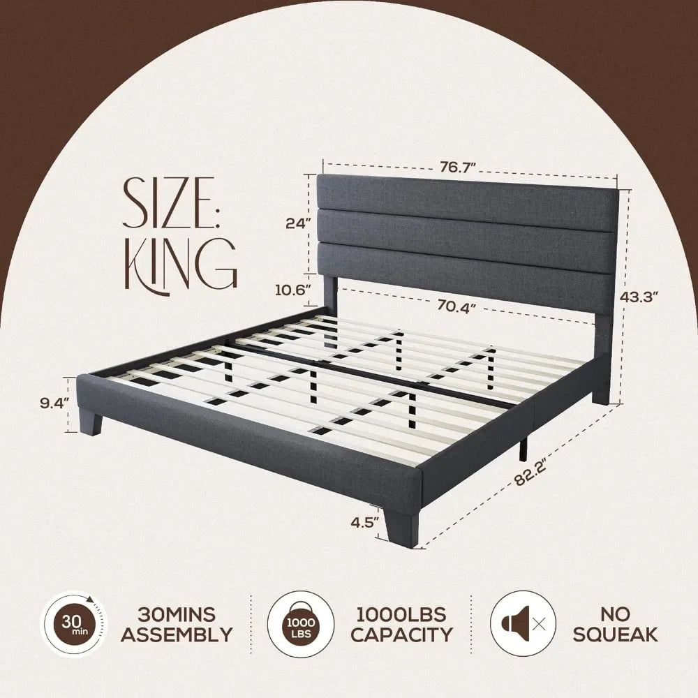 Bed Frame Platform Bed with LinenFabric Upholstered Headboard and Wooden Slats Support, Heavy Duty Mattress Bed Bases