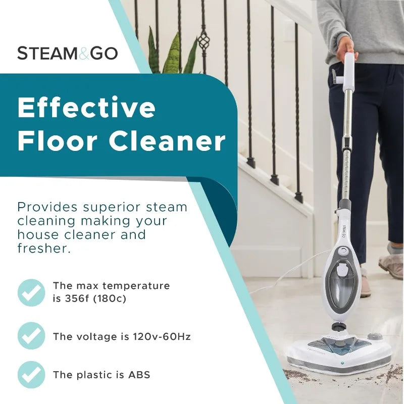 Steam and Go 10-in-1 Steam Mop - Floor Steamer with Detergent Chamber and Detachable Handle for Tile Grout, Clothes, Furniture