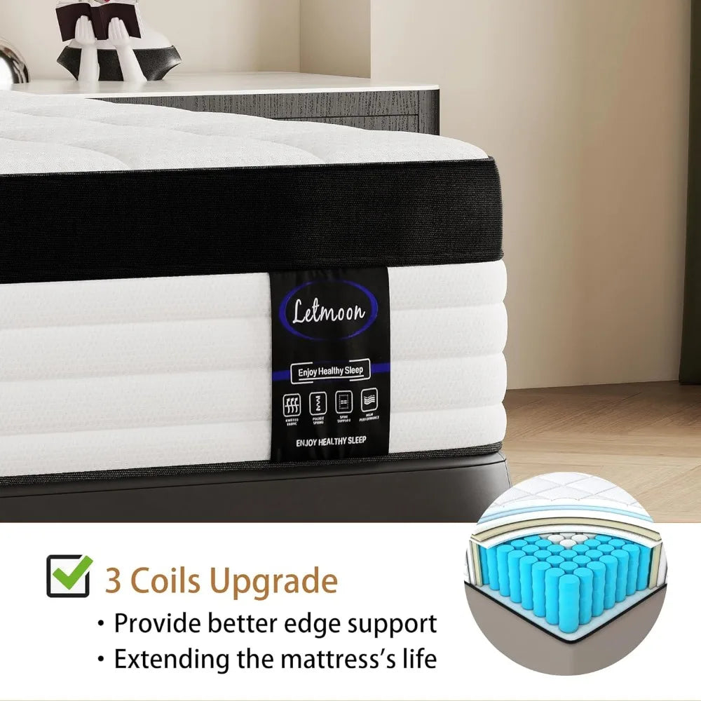 King Size Mattress, 12 Inch Hybrid King Mattress, 3 Coils Strong Edge Support, Medium Firm Mattress with Memory Foam