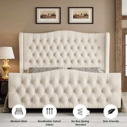 King Bed Frame with Velvet Upholstered Deep Button Tufted Wingback Headboard and Footboard, No Box Spring Needed, King Bed Frame