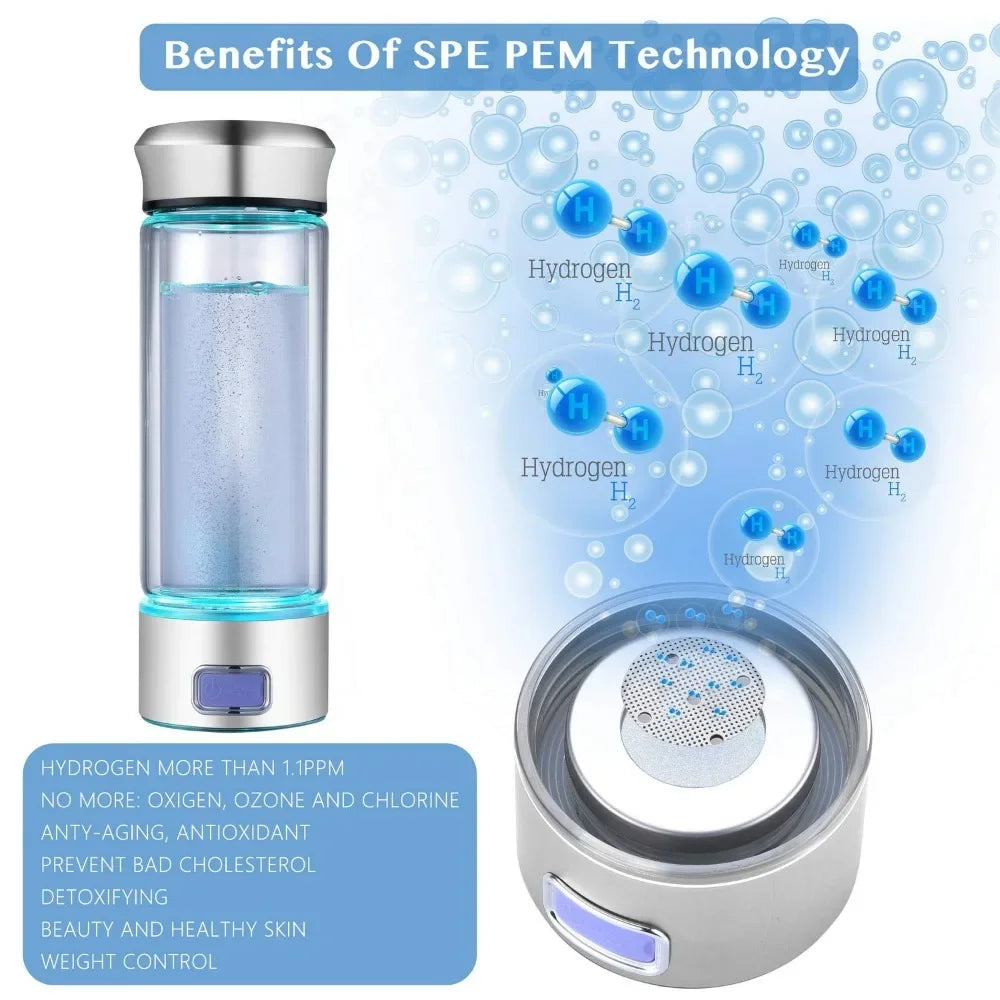 Hydrogen Water Bottle, Glass Hydrogen Generator Water Bottle SPE PEM Technology Water Ionizer