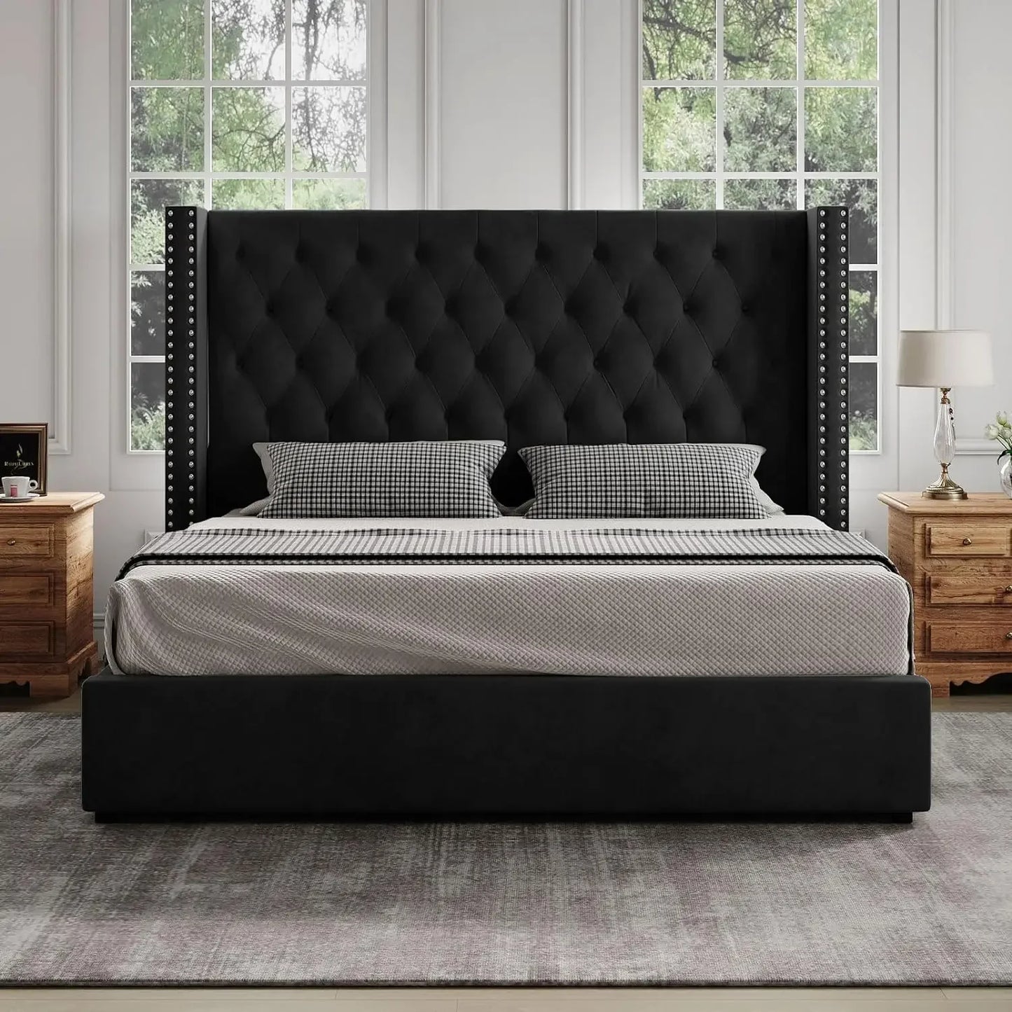 King Size Lift Up Storage Bed, Upholstered Platform Bed Frame and Velvet Button Tufted Headboard with Wingback Hydraulic Storage