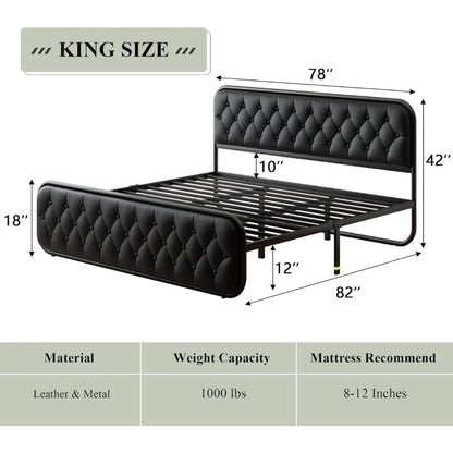 King Size Bed Frame Heavy Duty Bed Frame With Faux Leather Headboard Bedroom Furniture 12" Under-Bed Storage Black