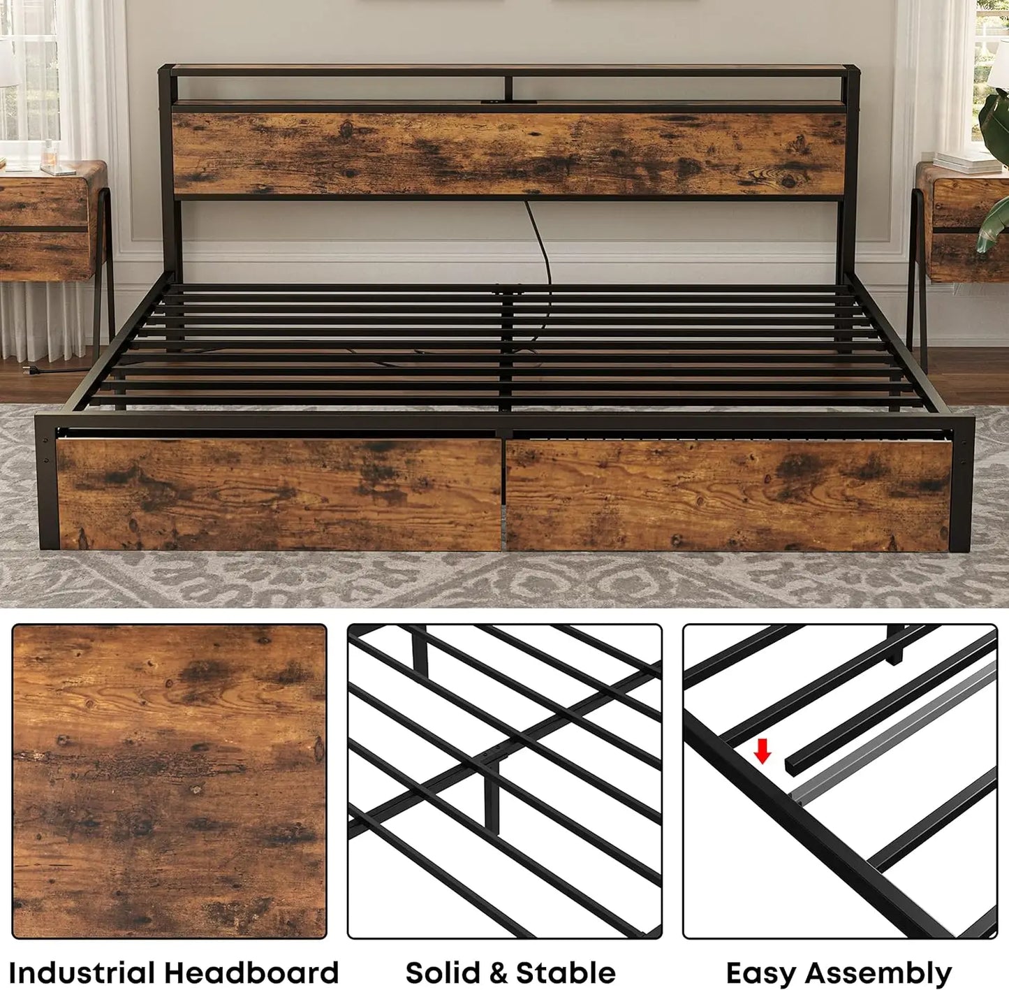 Bed Frame with Storage Headboard, Platform Bed with Drawers and Charging Station, No Box Spring Needed, Easy Assembly