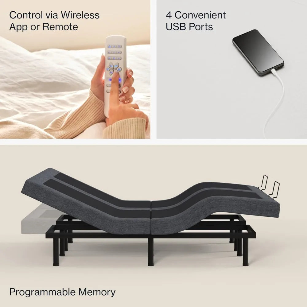 Twin XL Adjustable Bed Frame, Head & Foot Incline, Wireless Remote with Memory, 3 Massage Settings, 4 USB Ports, Bed Frame