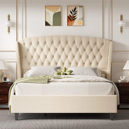 Upholstered Bed Frame Queen Size Wingback Platform Bed Frame Tufted and Headboard Tall Linen Bed Frame/No Box Spring Needed