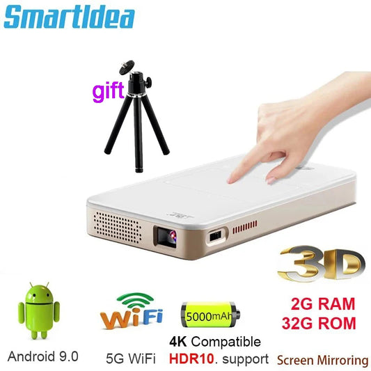 Smartldea Newest Arrive HD mini smart dlp 4k projector android 9.0 5G wifi BT build-in speaker battery pocket phone projectors