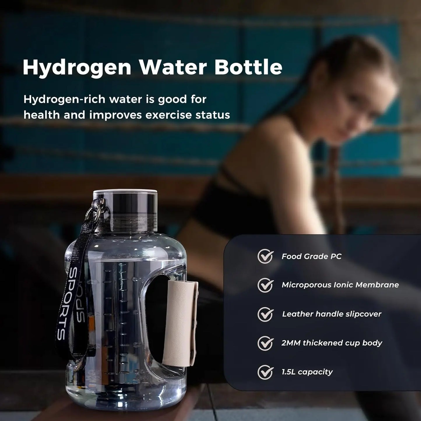 1.5l Hydrogen Water Bottle,2500ppb Portable Hydrogen Water Bottle Generator Food Grade Material Sports Water Bottle