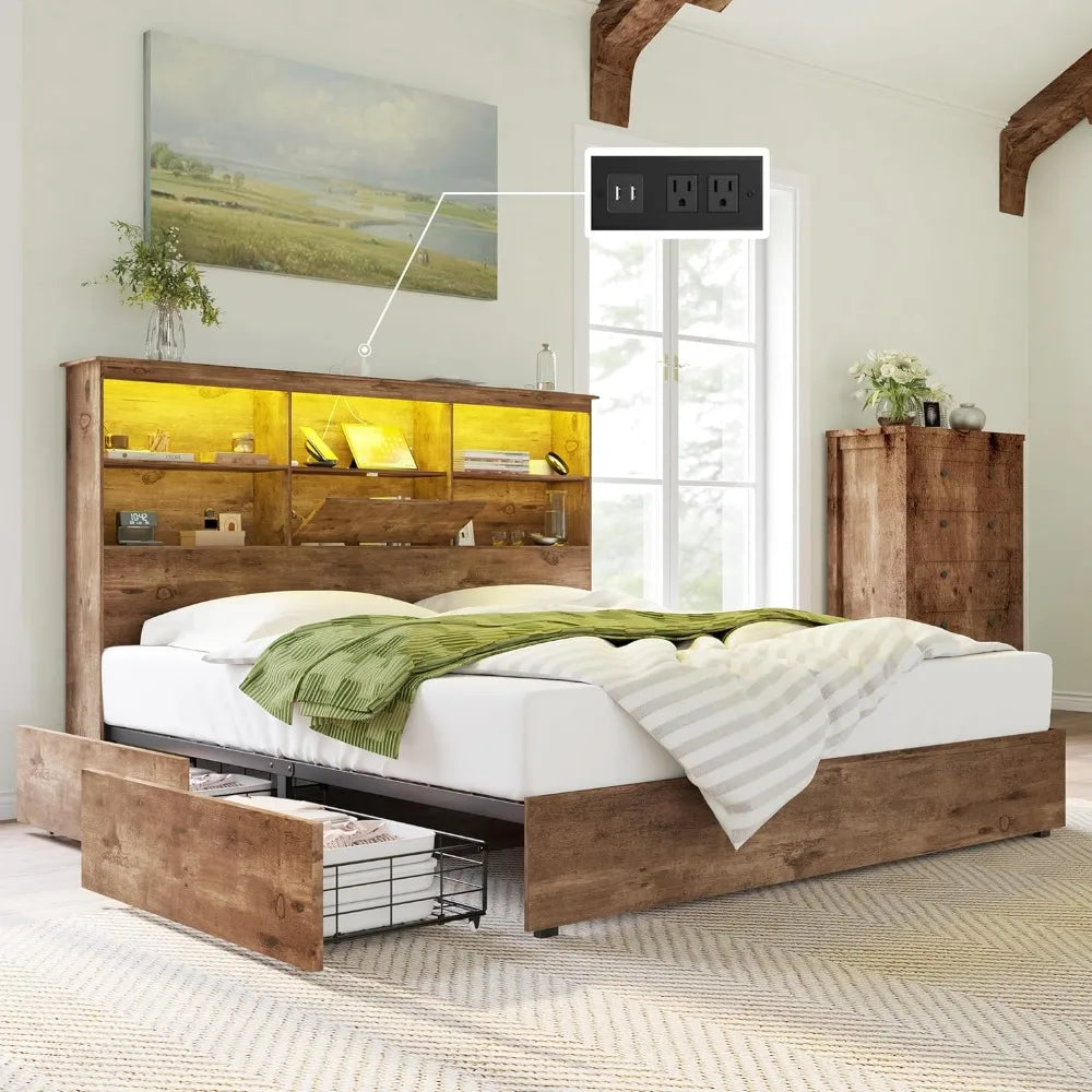 Bed Frame Wooden Platform Bed w 51.2" Storage LED Bookcase Headboard, 4 Storage Drawers & Charging Station/No Box Spring Needed