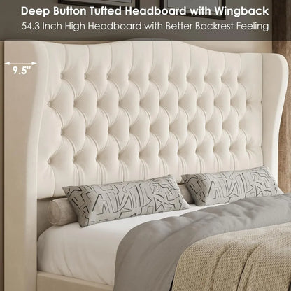 King Bed Frame with Velvet Upholstered Deep Button Tufted Wingback Headboard and Footboard, No Box Spring Needed, King Bed Frame