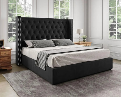 King Size Lift Up Storage Bed, Upholstered Platform Bed Frame and Velvet Button Tufted Headboard with Wingback Hydraulic Storage