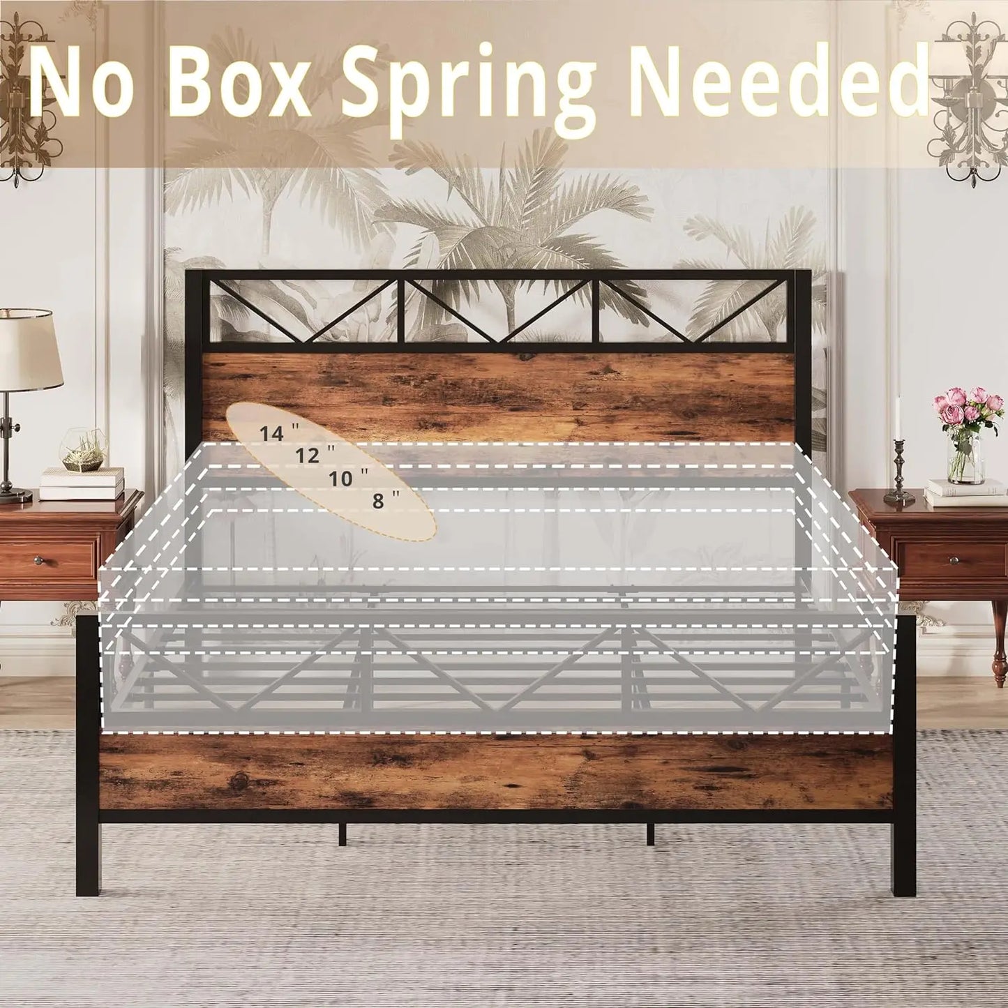 King Bed Frame, Tall Industrial Headboard, Platform Bed Frame with Strong Metal Support, Solid and Stable, No Box Spring Needed