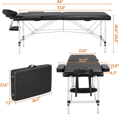 Massage Tables Portable 84inch Massage Bed Aluminium Height Adjustable Facial Salon Tattoo Bed with Non-Woven Bag, Black