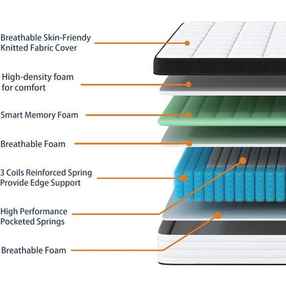 King Size Mattress, 12 Inch Hybrid King Mattress, 3 Coils Strong Edge Support, Medium Firm Mattress with Memory Foam