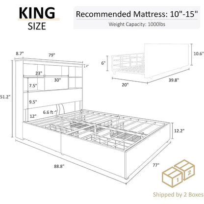 Bed Frame Wooden Platform Bed w 51.2" Storage LED Bookcase Headboard, 4 Storage Drawers & Charging Station/No Box Spring Needed