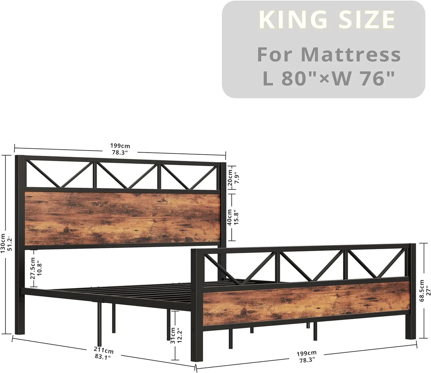 King Bed Frame, Tall Industrial Headboard, Platform Bed Frame with Strong Metal Support, Solid and Stable, No Box Spring Needed