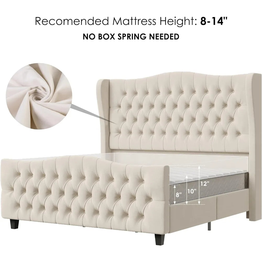 King Bed Frame with Velvet Upholstered Deep Button Tufted Wingback Headboard and Footboard, No Box Spring Needed, King Bed Frame