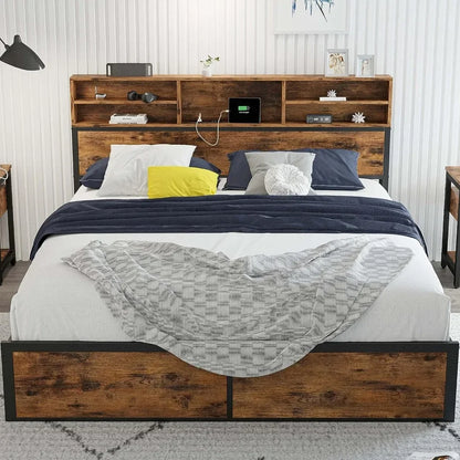 Queen Bed Frame with Tall Bookcase Headboard and Charging Station, Sturdy and No Noise Platform Bed, No Box Spring Needed