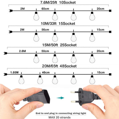 G40 Outdoor String Lights E12 Socket 25FT 65FT TP44 Frosted Led Light Bulb Connectable US EU Plug Fairy Light Chain For Wedding