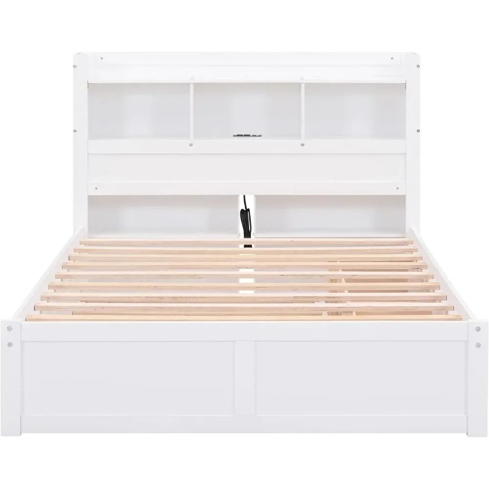 Full Size Bed Frame with Bookcase Headboard and Trundle, Charging Station, Wood Platform Bed Frame with Charging Station