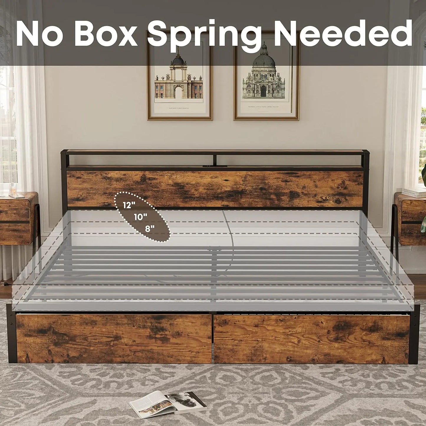 Bed Frame with Storage Headboard, Platform Bed with Drawers and Charging Station, No Box Spring Needed, Easy Assembly