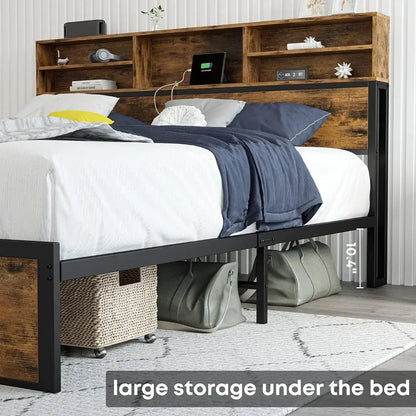 Queen Bed Frame with Tall Bookcase Headboard and Charging Station, Sturdy and No Noise Platform Bed, No Box Spring Needed