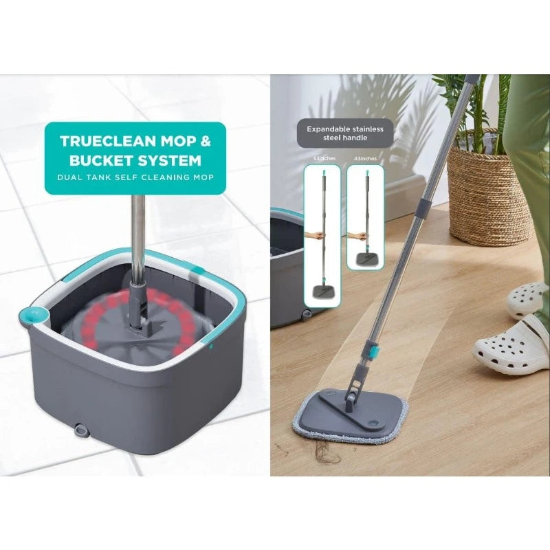 Clean Mop and Bucket System Includes Square Spin Mop Dual Compartment and 2 Thick Machine Washable Pads