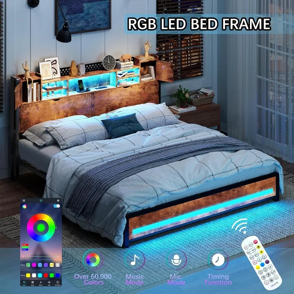 Queen Bed Frame with Charging Station, RGB LED Lights, 3 Tier Storage headboard with Hidden Storage Space