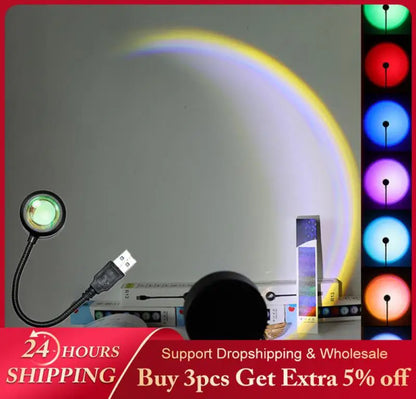 Romantic USB Sunset Lamp LED Rainbow Neon Night Light Projector Photography Wall Atmosphere Lighting for Bedroom Home Room Decor