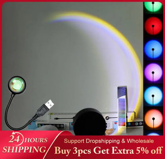 Romantic USB Sunset Lamp LED Rainbow Neon Night Light Projector Photography Wall Atmosphere Lighting for Bedroom Home Room Decor