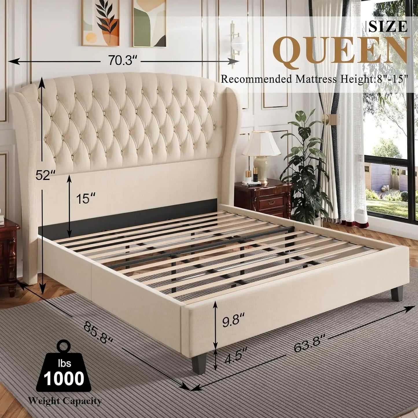 Upholstered Bed Frame Queen Size Wingback Platform Bed Frame Tufted and Headboard Tall Linen Bed Frame/No Box Spring Needed