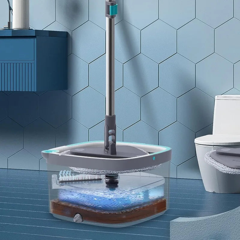 Clean Mop and Bucket System Includes Square Spin Mop Dual Compartment and 2 Thick Machine Washable Pads