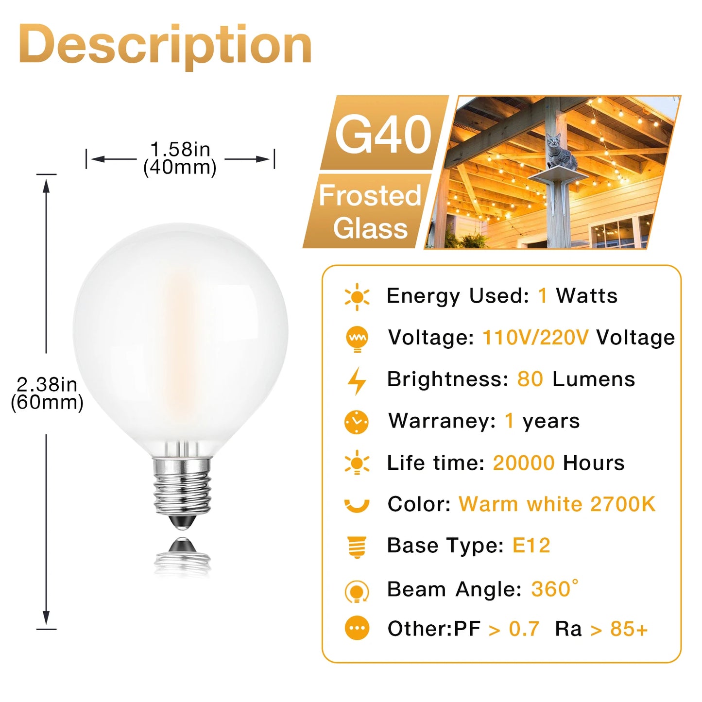 G40 Outdoor String Lights E12 Socket 25FT 65FT TP44 Frosted Led Light Bulb Connectable US EU Plug Fairy Light Chain For Wedding