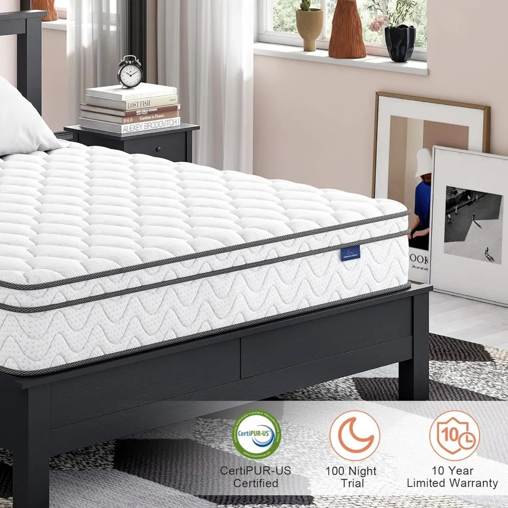 Queen Mattress, 10 Inch Hybrid Mattress with Memory Foam & Pocket Spring, Ergonomic Design for Pressure Relief