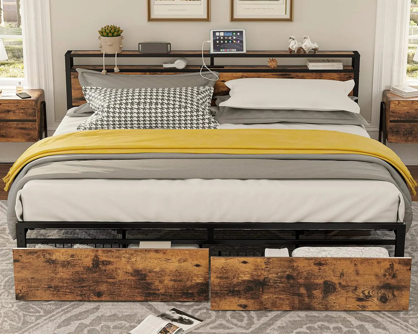 Bed Frame with Storage Headboard, Platform Bed with Drawers and Charging Station, No Box Spring Needed, Easy Assembly