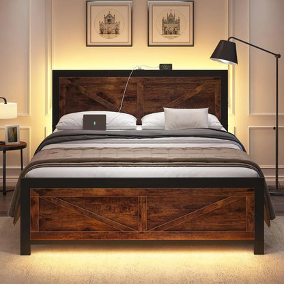 Led Bed Frame Queen Size with Charging Station, Industrial Platform Bed Frame with Rustic Barn Door Wood Headboard, Noise Free