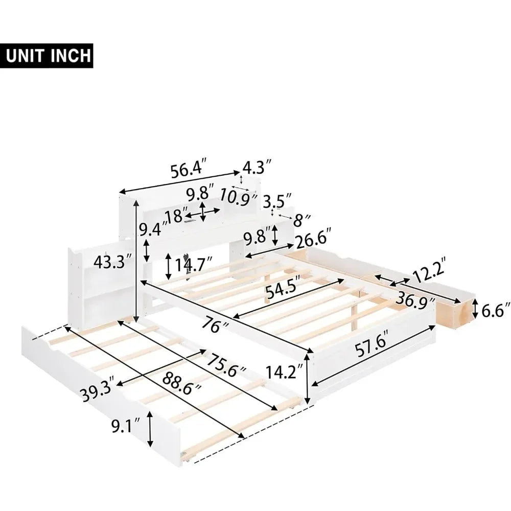 Full Size Bed Frame with Bookcase Headboard and Trundle, Charging Station, Wood Platform Bed Frame with Charging Station