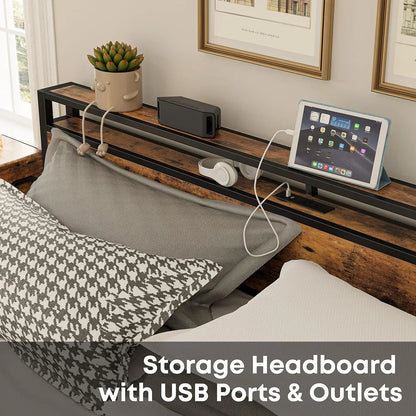 Bed Frame with Storage Headboard, Platform Bed with Drawers and Charging Station, No Box Spring Needed, Easy Assembly