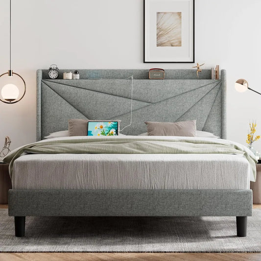 Queen Bed Frame with Type-C & USB Ports, Upholstered Platform Bed Frame with Wingback Storage Headboard