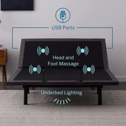 Adjustable Bed Base Frame-Bluetooth - Companion App-Interactive Dual Massage-Under Bed Lighting -Wireless Remote Dual USB Ports