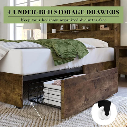 Bed Frame Wooden Platform Bed w 51.2" Storage LED Bookcase Headboard, 4 Storage Drawers & Charging Station/No Box Spring Needed