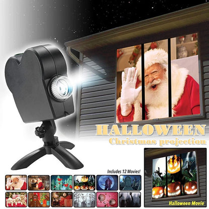 2023 Halloween Christmas 12 Movies Mini Window Projector Fashionable Indoor Outdoor Projection Lamp Party Decor