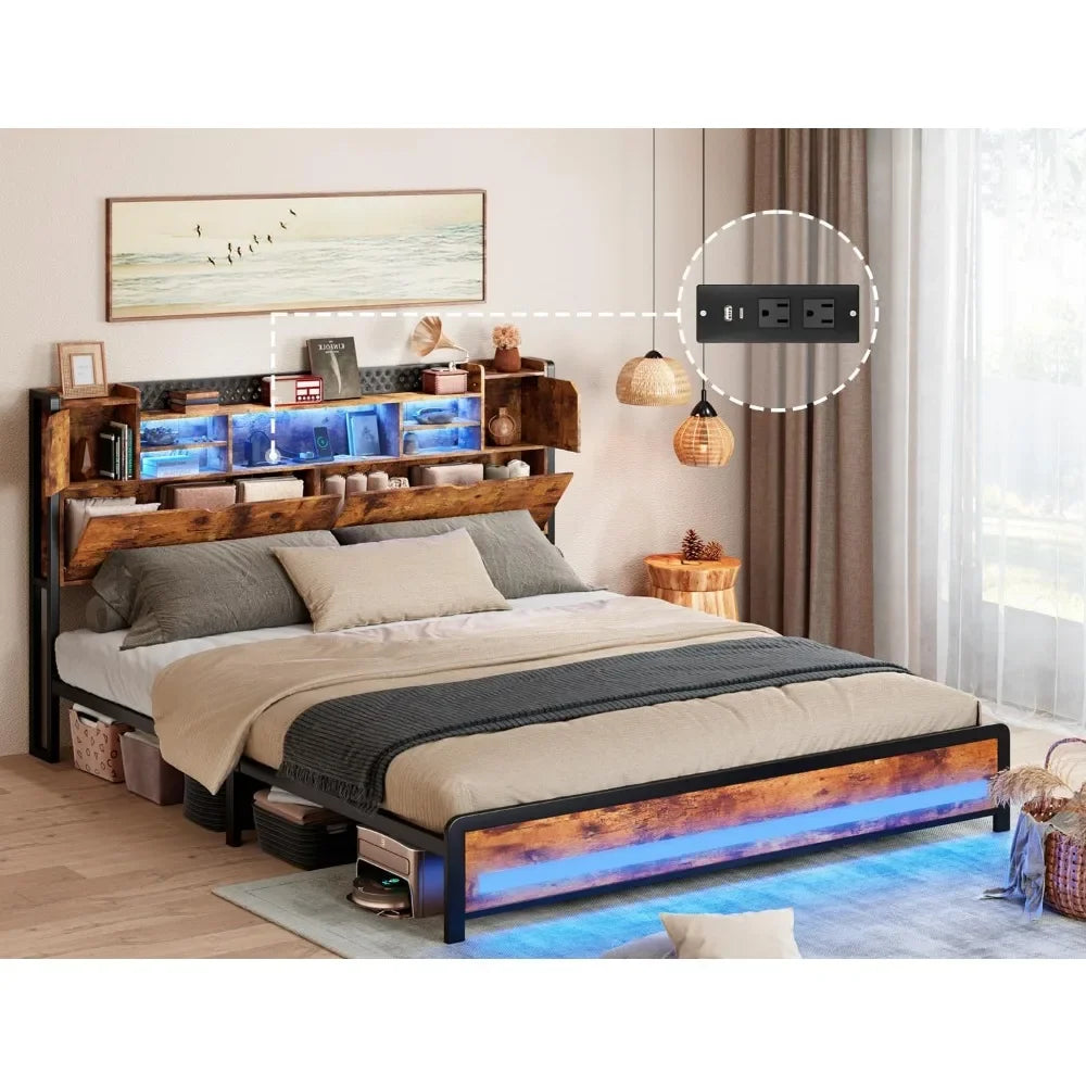 Queen Bed Frame with Charging Station, RGB LED Lights, 3 Tier Storage headboard with Hidden Storage Space