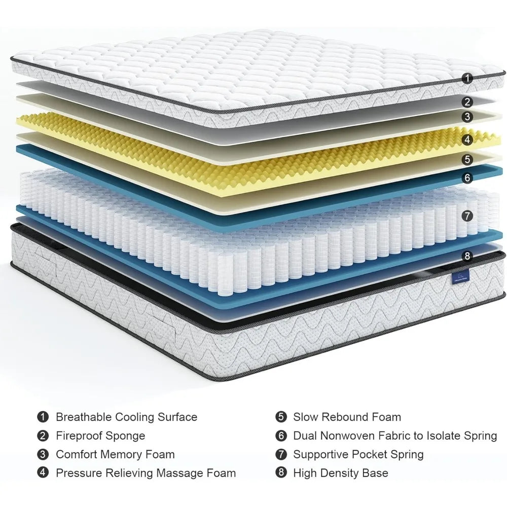 Queen Mattress, 10 Inch Hybrid Mattress with Memory Foam & Pocket Spring, Ergonomic Design for Pressure Relief