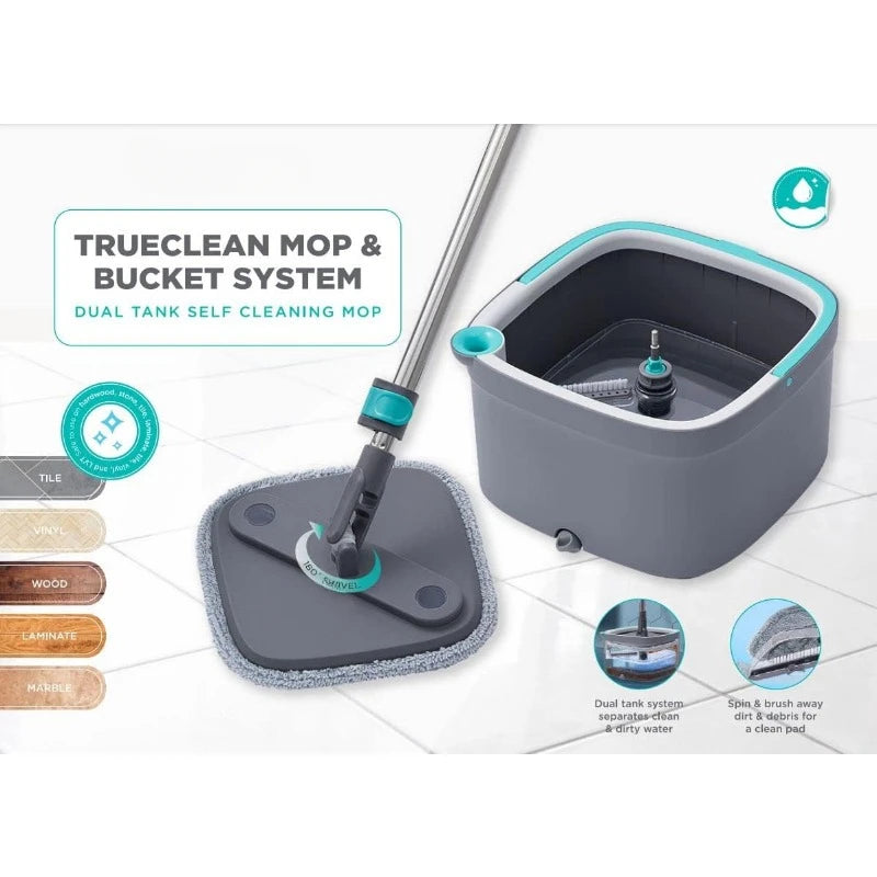 Clean Mop and Bucket System Includes Square Spin Mop Dual Compartment and 2 Thick Machine Washable Pads