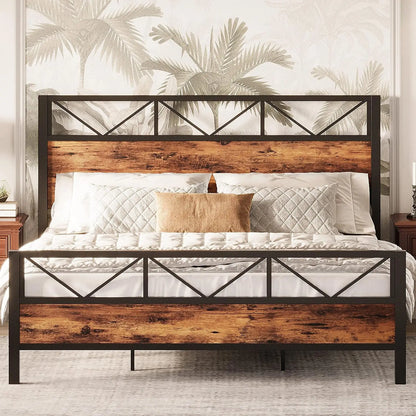 King Bed Frame, Tall Industrial Headboard, Platform Bed Frame with Strong Metal Support, Solid and Stable, No Box Spring Needed