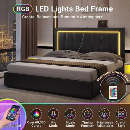 Bed Frame queen size with 4 Storage Drawers and Led Lights Upholstered Platform Storage with USB and Headboard Cali King