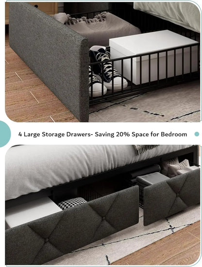 Full/Queen/King Bed Frame with 4 Storage Drawers, Upholstered Platform Bed Frame with Charging Station, Modern Wingback Storage